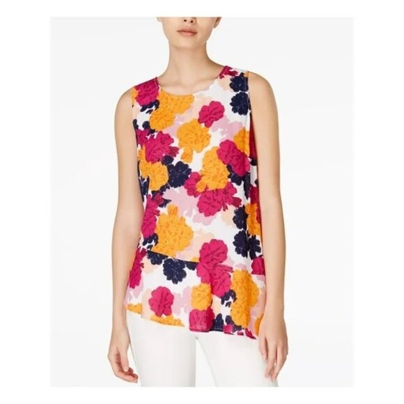 MAISON JULES Peplum Ruffle Asymmetric‎ Blouse Womens SZ S Pink Orange Floral - Picture 2 of 8